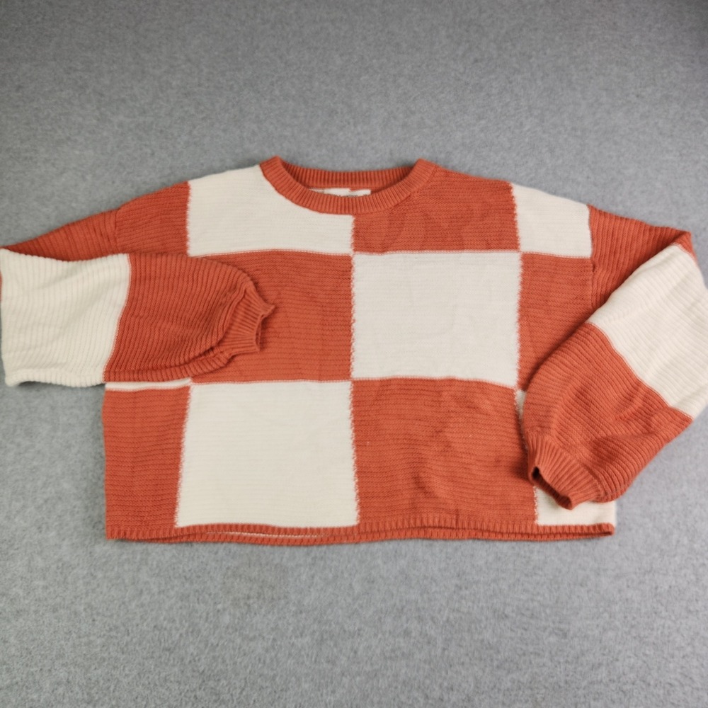 Moon & Madison Cropped Sweater Womens Large Orange Cream Checkerboard Knit Retro